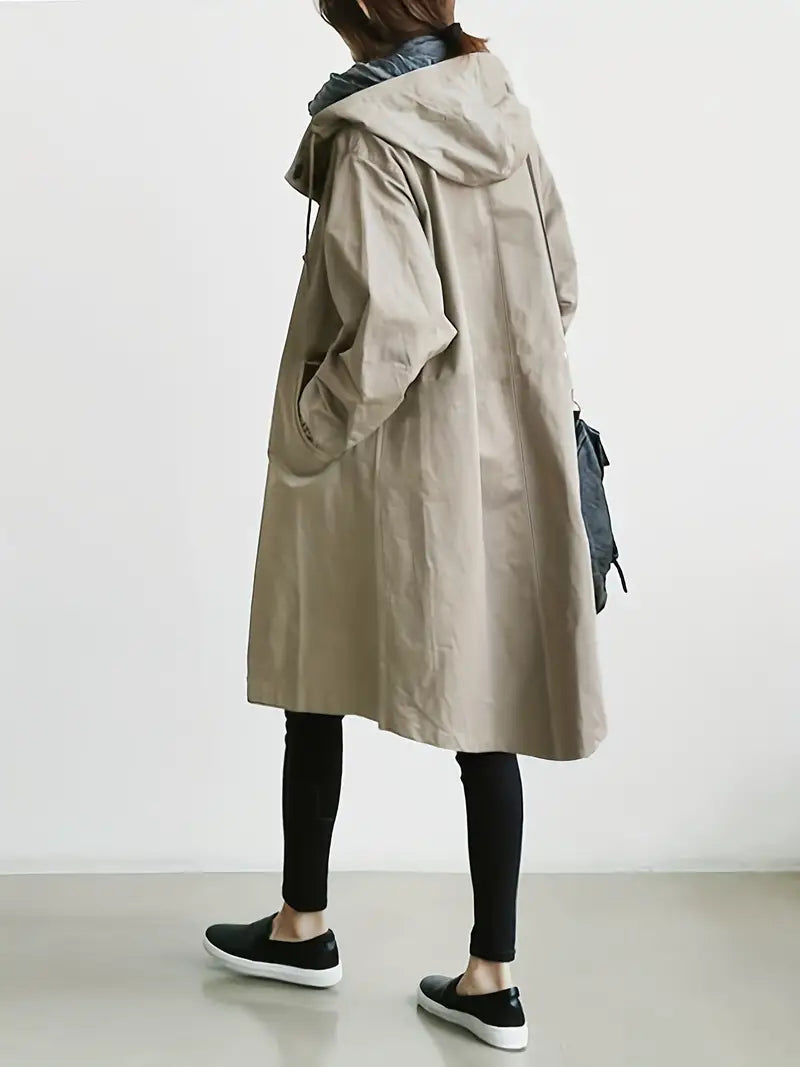 Trench coat with hood and drawstring