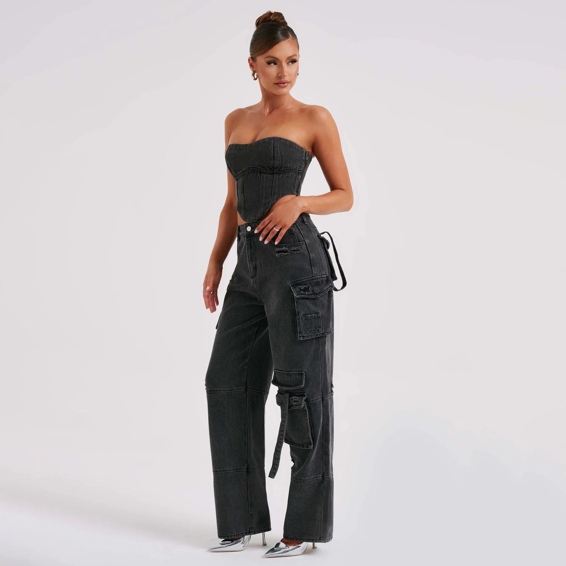 GR | Denim Suits Summer Sexy Back Cutout Tube Top and Multiple Pockets Straight Trousers Fashion Long Trousers Suit Women's Clothing