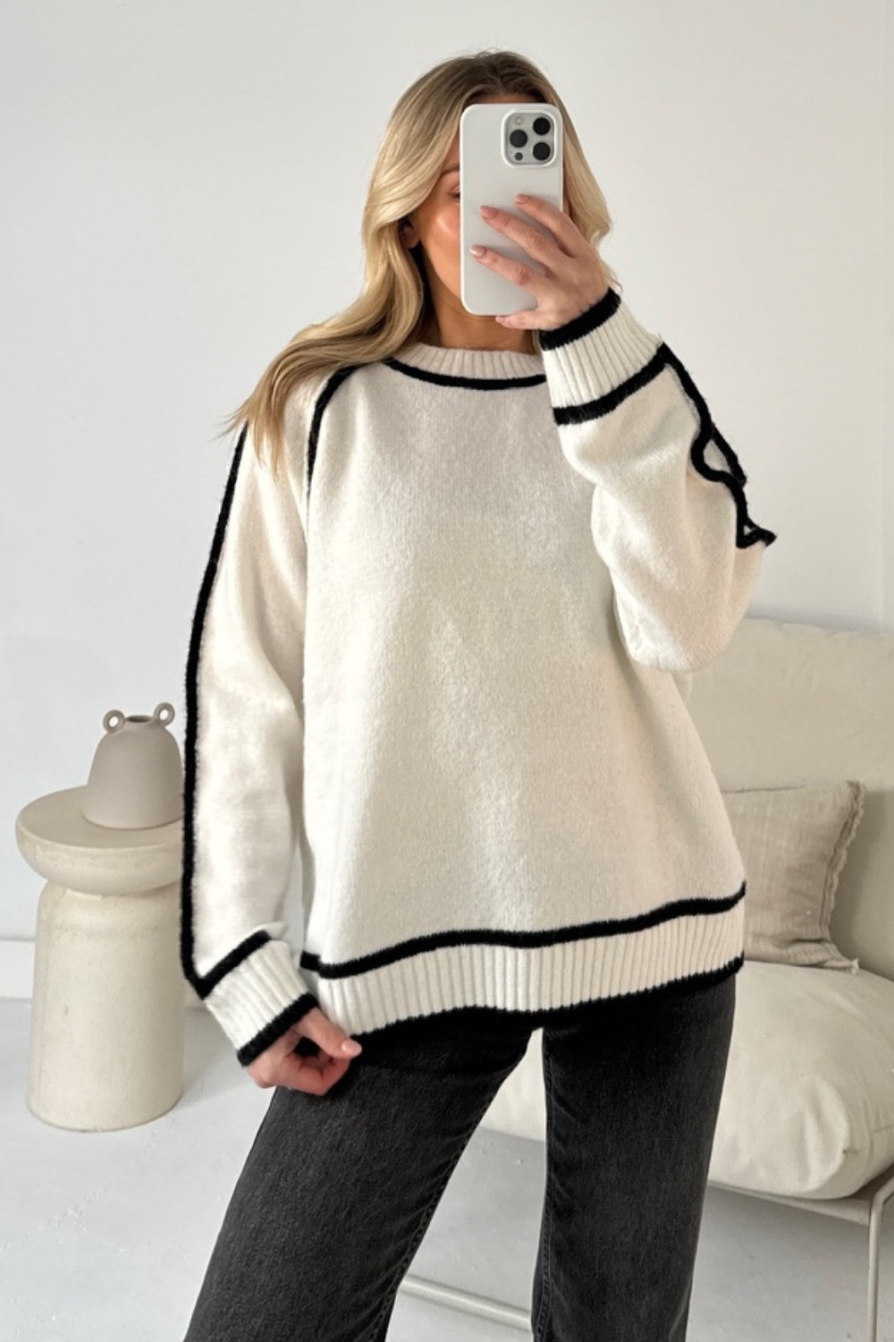 GR | Damen Rollkragenpullover mit kontrastierenden Nähten - lässiger Oversized-Pullover