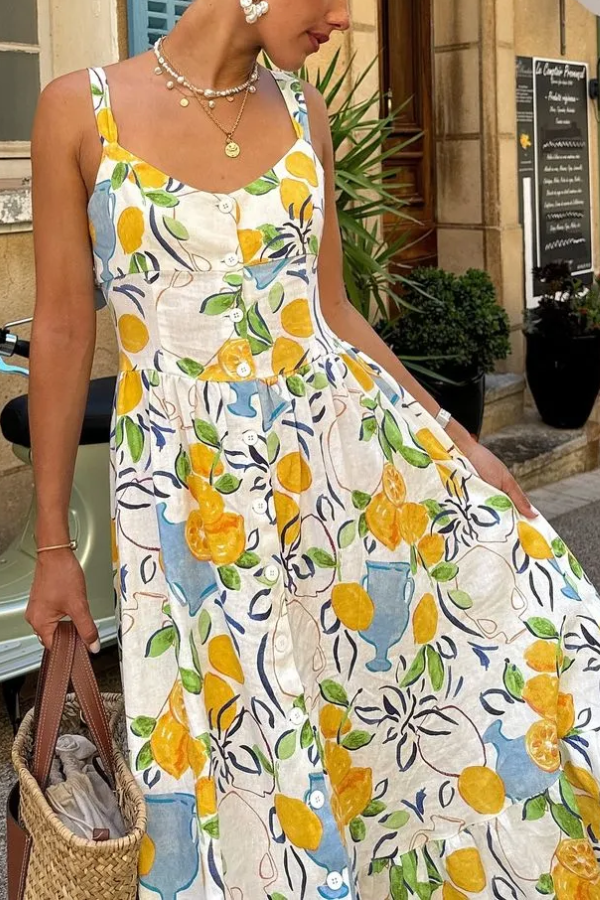 GR | Leinenmix Bedrucktes Midi-Kleid