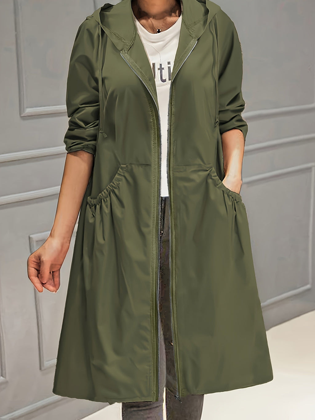 GR | Women's Casual Long Jacket with Hood and Zipper