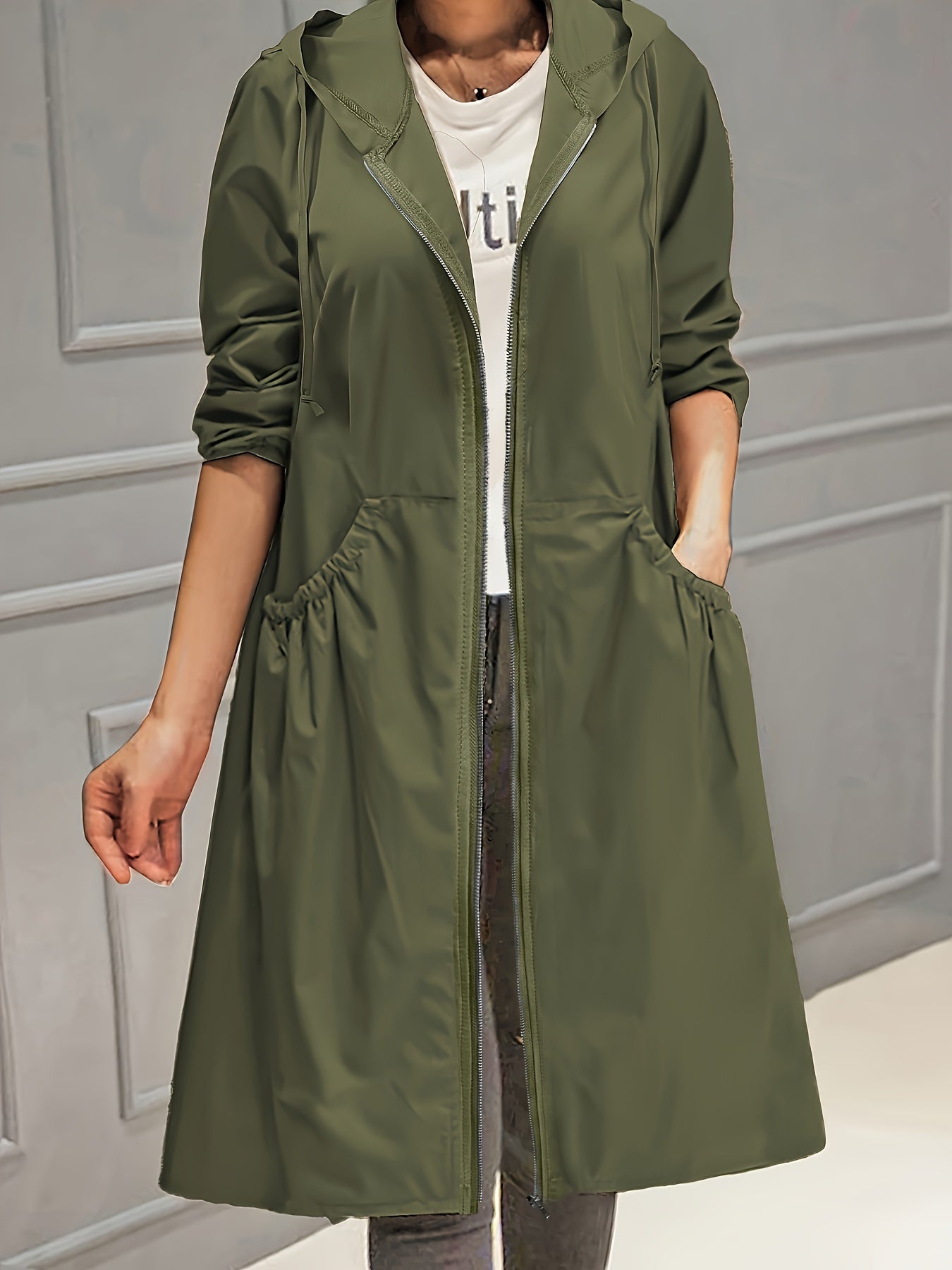 GR | Women's Casual Long Jacket with Hood and Zipper