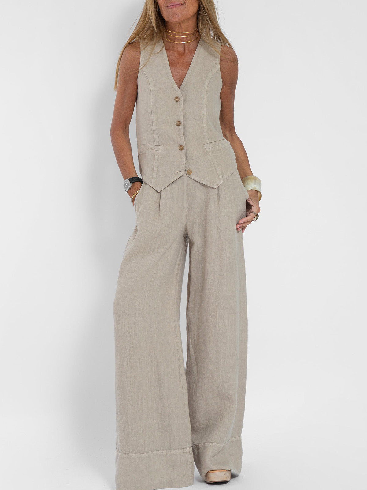 GR | Button-down vest and wide-leg trousers set