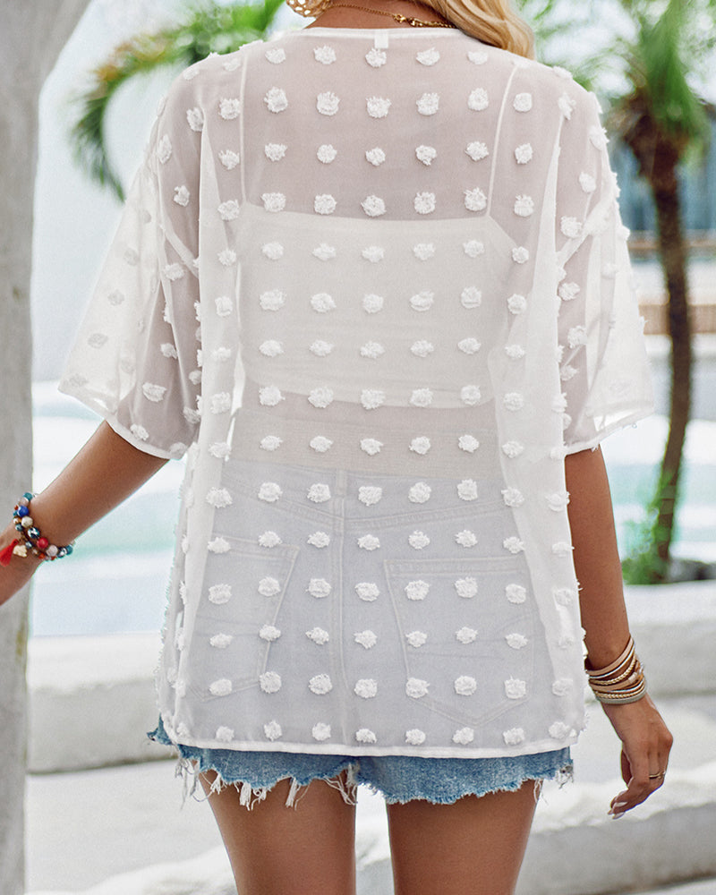 GR | Solid-color thin jacquard cardigan with short sleeves