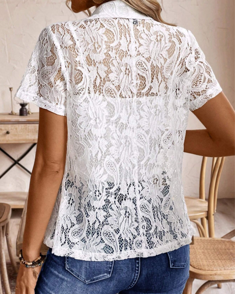 GR | White short-sleeved lace blazer with lapels