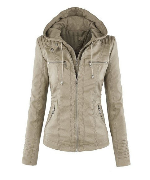 GR | Casual stand-up collar detachable hood PU leather jacket