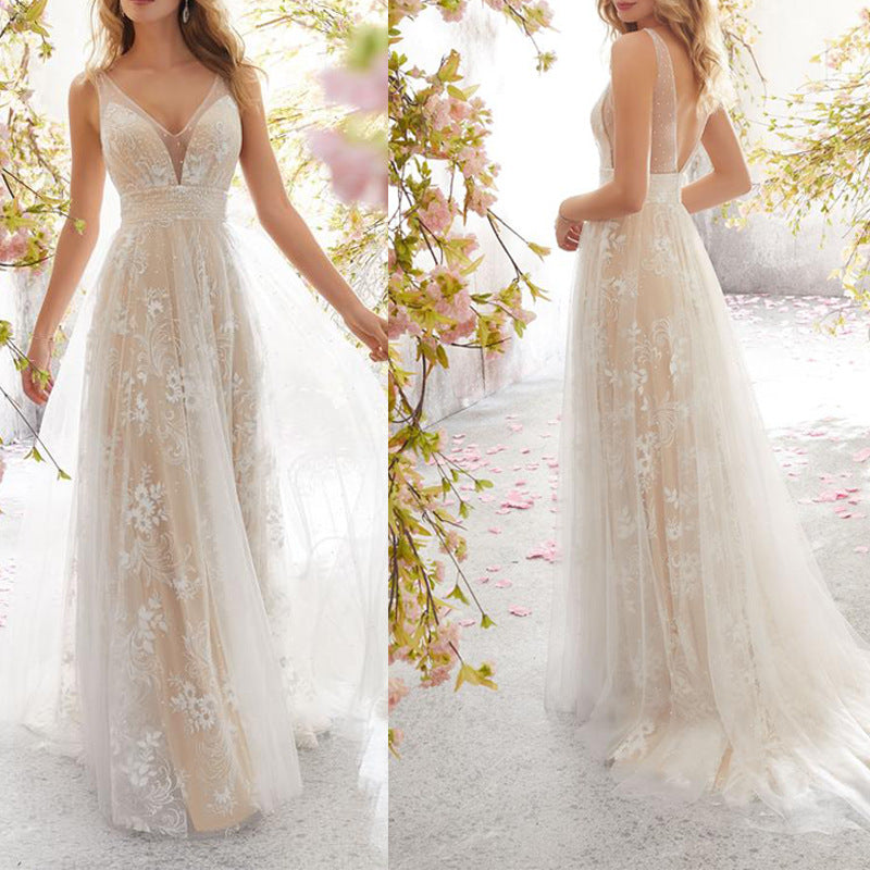 GR | V-neck Sleeveless Lace Wedding Dress 