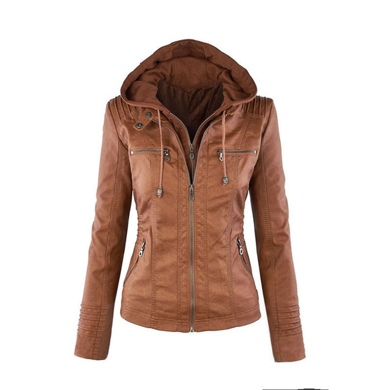 GR | Casual stand-up collar detachable hood PU leather jacket