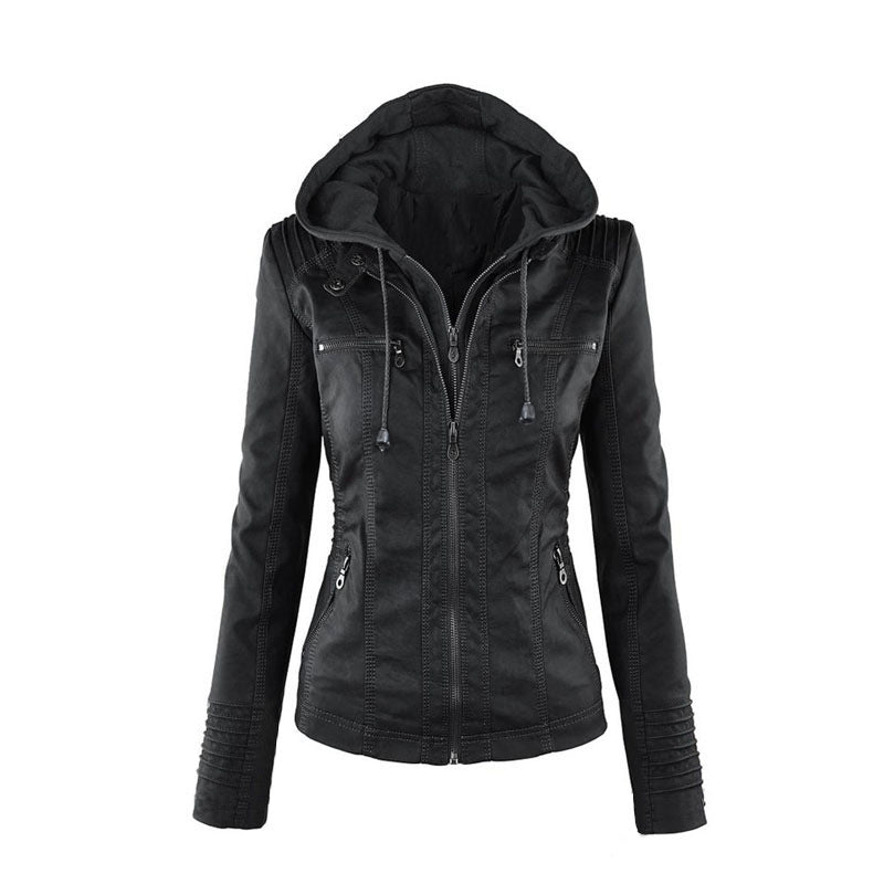 GR | Casual stand-up collar detachable hood PU leather jacket