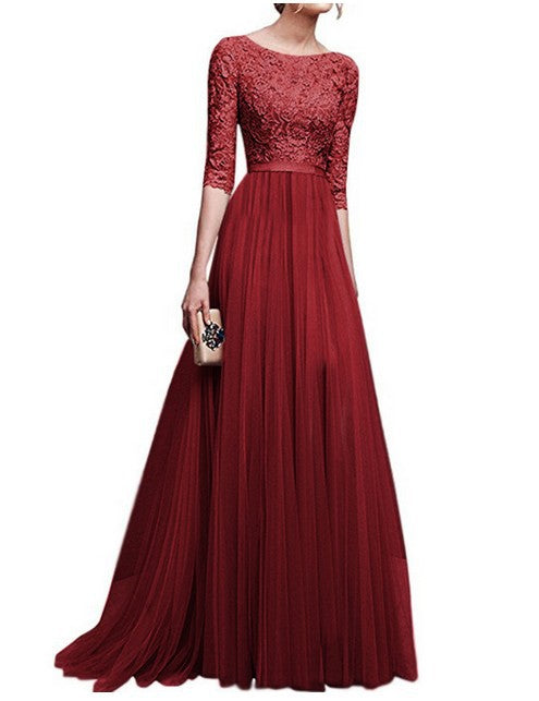 Damen Abendkleid mit Spitzenoberteil und fließendem Rock GR