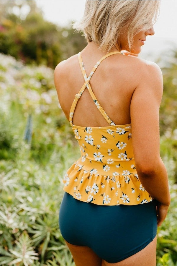 GR | Peplum Tankini Swimming in Mustard Yellow with Daisies