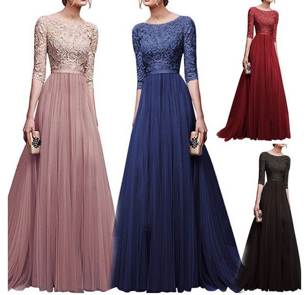 Damen Abendkleid mit Spitzenoberteil und fließendem Rock GR