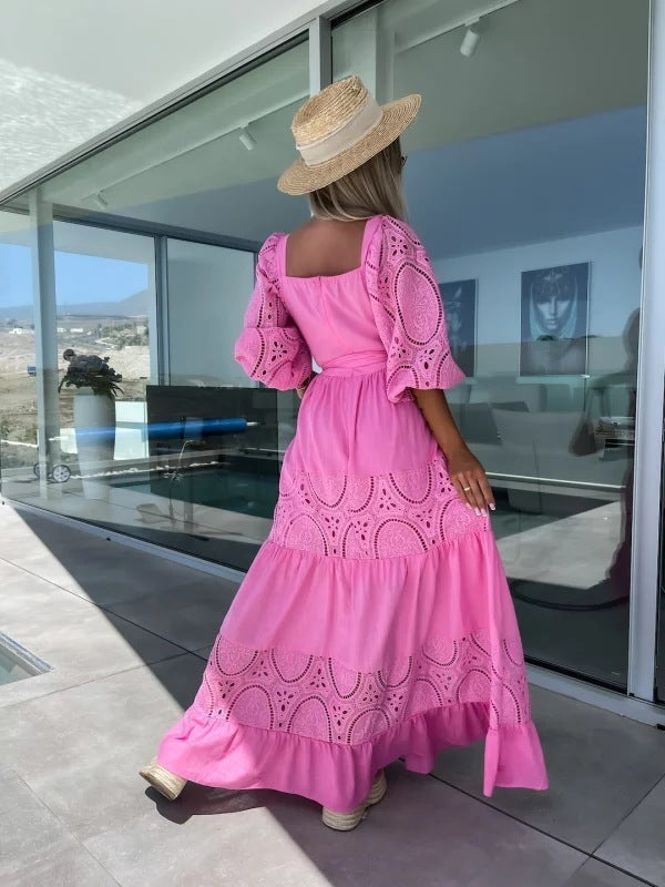 GR | Casual, loose dress with lacing and lace embroidery