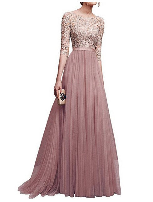 Women's evening dress with lace top and flowing skirt, size