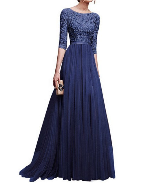 Damen Abendkleid mit Spitzenoberteil und fließendem Rock GR