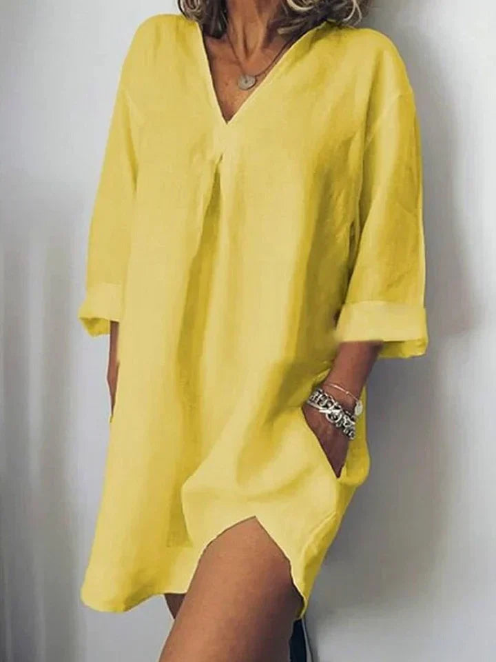 GR | Linen dress with V-neck and half sleeves