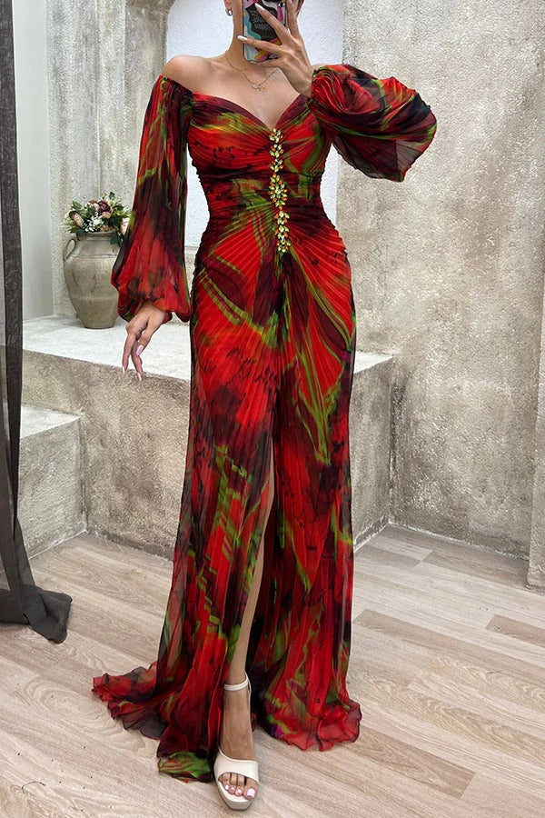 GR | Sunset Serenade Printed Off-Shoulder Maxi Dress with Diamond Embellishments and Pleated Skirts with Slits
