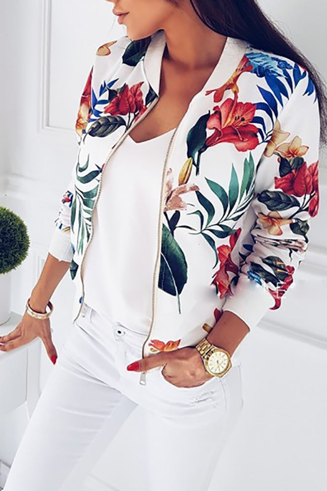 Women's bomber jacket with floral print and elasticated cuffs, size S