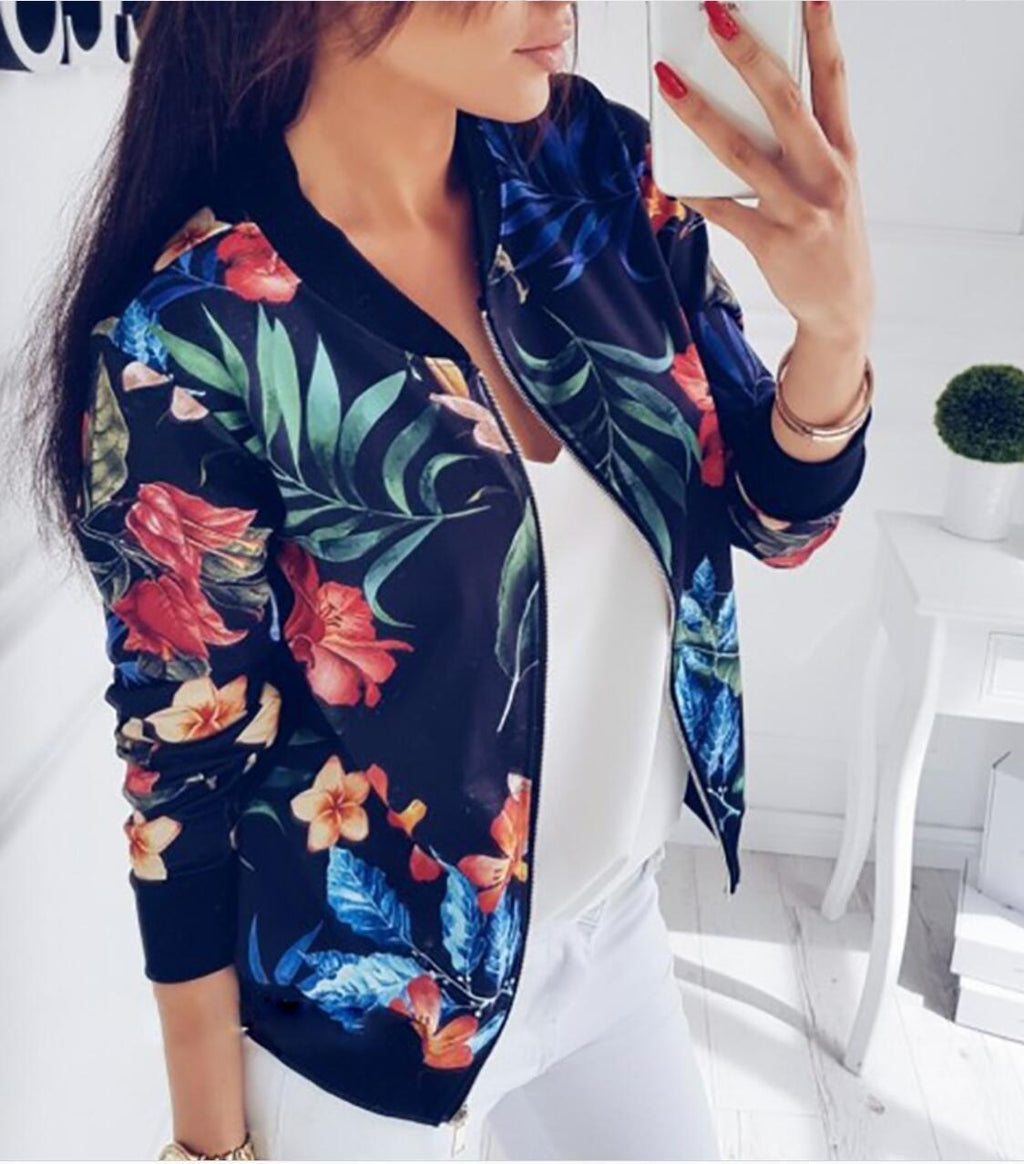 Women's bomber jacket with floral print and elasticated cuffs, size S