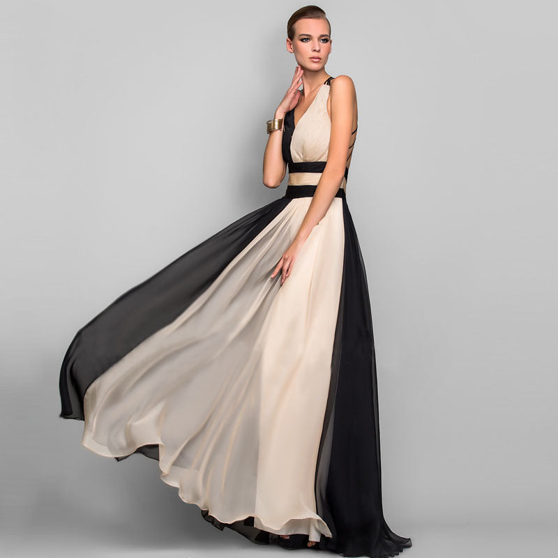 GR | V-Ausschnitt Ärmelloses Farbblockkleid
