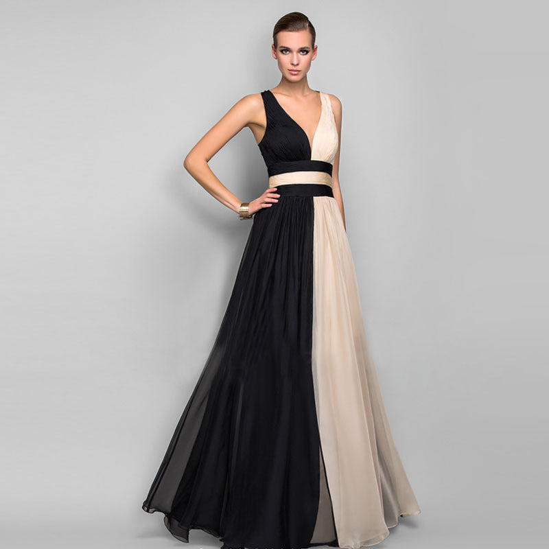 GR | V-Ausschnitt Ärmelloses Farbblockkleid