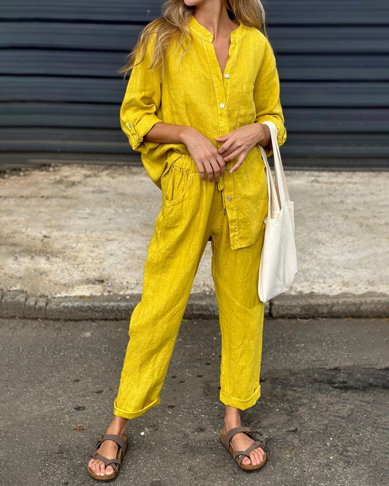 V-neck shirt and cotton trousers