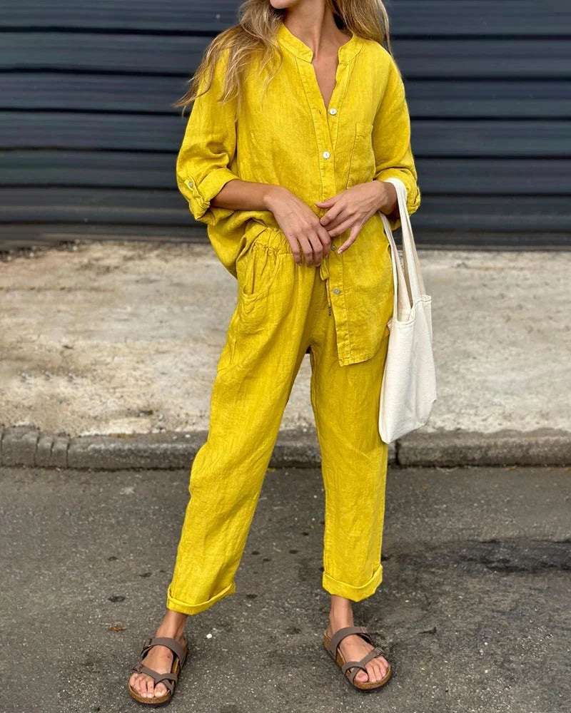 GR | Casual V-neck shirt & trousers cotton-linen set 