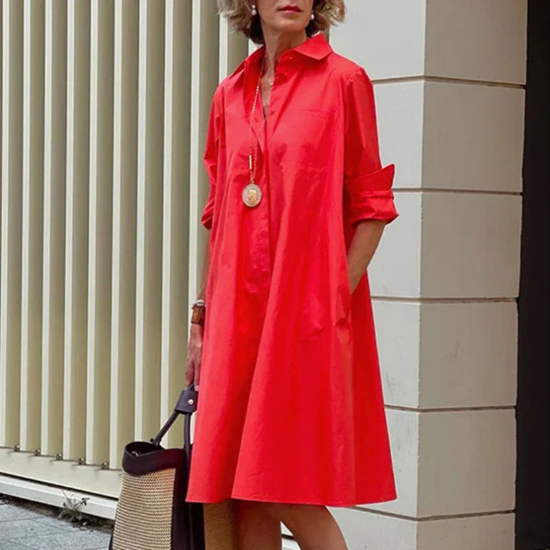 GR | Shirt dress with turn-down collar & three-quarter sleeves