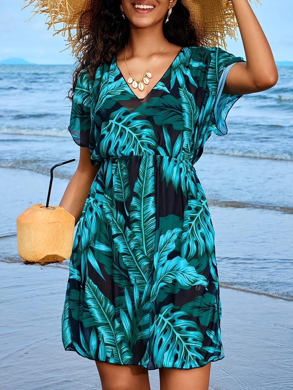 GR | Bohemian beach dress with porcelain mini print and V-neck