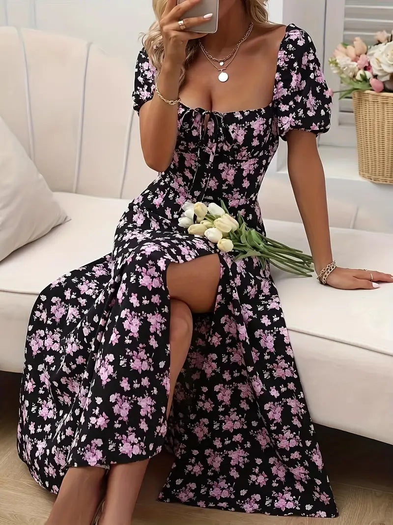 GR | Schickes Kleid mit Puffärmeln Im A-Linien-Stil mit Blumendruck