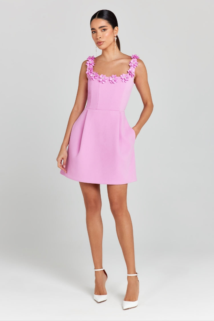 GR | Cindy Kunstperle Blumen Applikation Quadrat Ausschnitt Taschen Mini Kleid