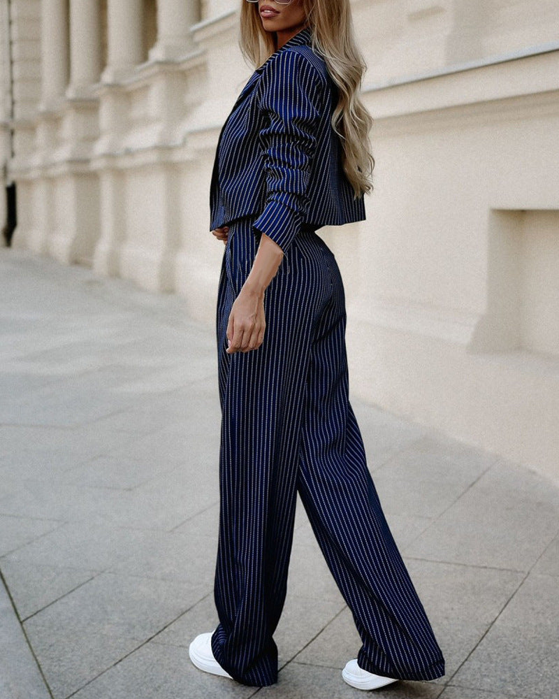 GR | Blazer and trousers set - striped cropped blazer and wide-leg high-waisted trousers