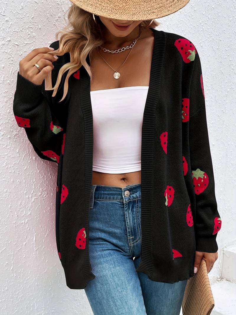 Long-sleeved cardigan with strawberry print for autumn and spring