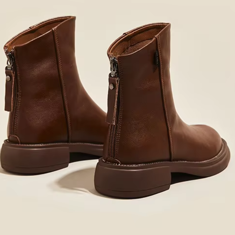 GR | Women's Leather Ankle Boots with Back Zipper and Low Heel