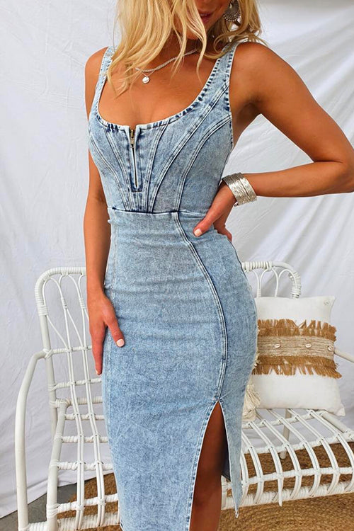 GR | U-neck zip slit denim bodycon cami dress