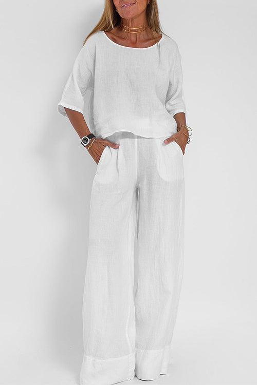 GR | Rosiedress Round Neck 3/4 Sleeve Pullover Wide Leg Trousers Cotton Linen Set