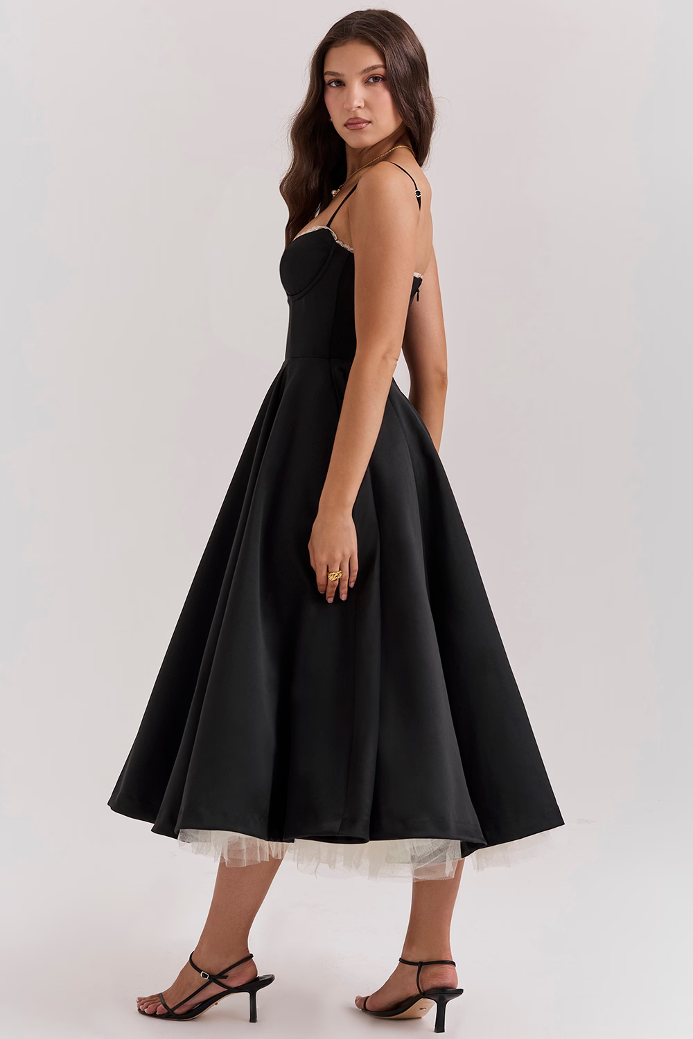 GR | A-linie Midi Kleid Spaghetti Träger Spitzen Detail Elegante Formelle Kleidung