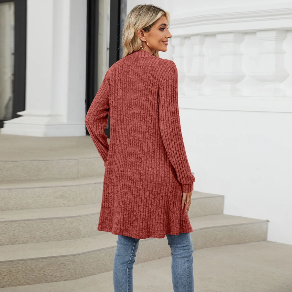 GR | Lange Strickjacken Damen Gerippte Offene Vorderseite Jacke mit Taschen