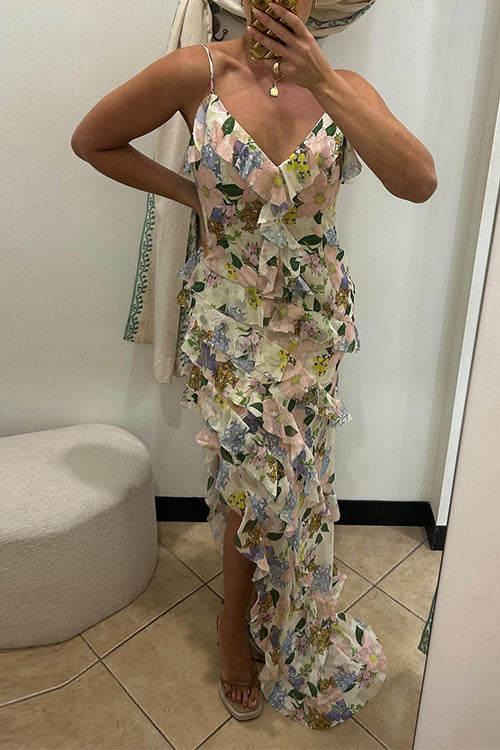 GR | V-neck Asymmetrical hem Ruffles Floral print Maxi Cami Dress