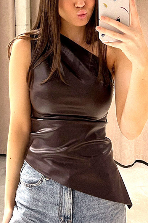 GR | Rosiedress One-shoulder sleeveless asymmetrical faux leather top