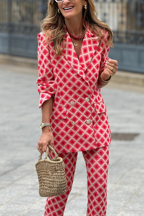 GR | Rosiedress Geometric Print Lapel Double Button Blazer and Flare Trousers Set