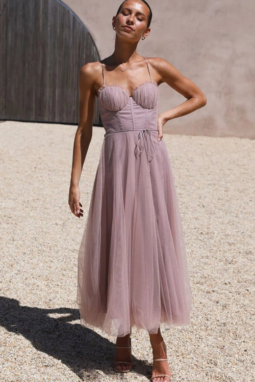 GR | Rare Beauty Tüll Rückenfreies Midi Kleid