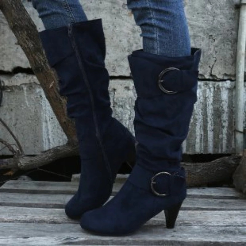 GR | Women's Knee-Length Boots with Zipper and Buckle Stylish High Boots