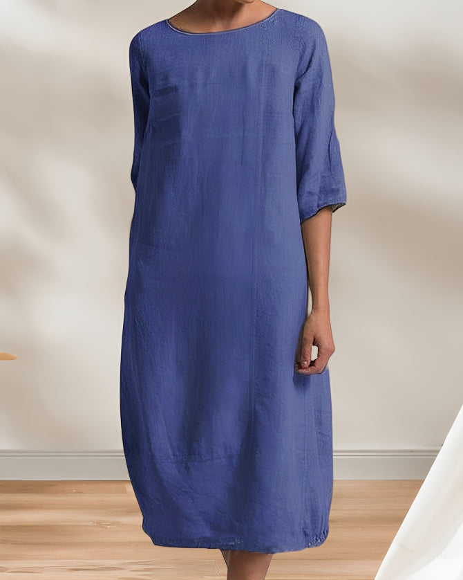 GR | Ladies Lässig Leinen Look Einfaches Midikleid