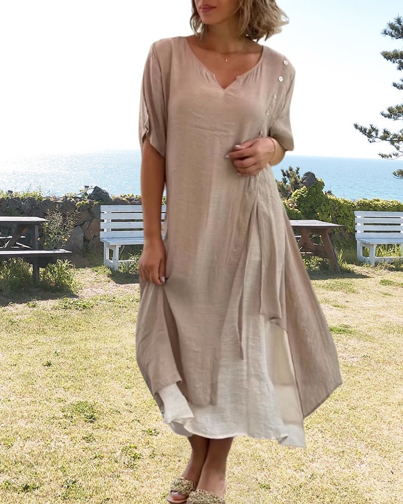 GR | Asymmetrisches Kleid mit kurzen Ärmeln und V-Ausschnitt