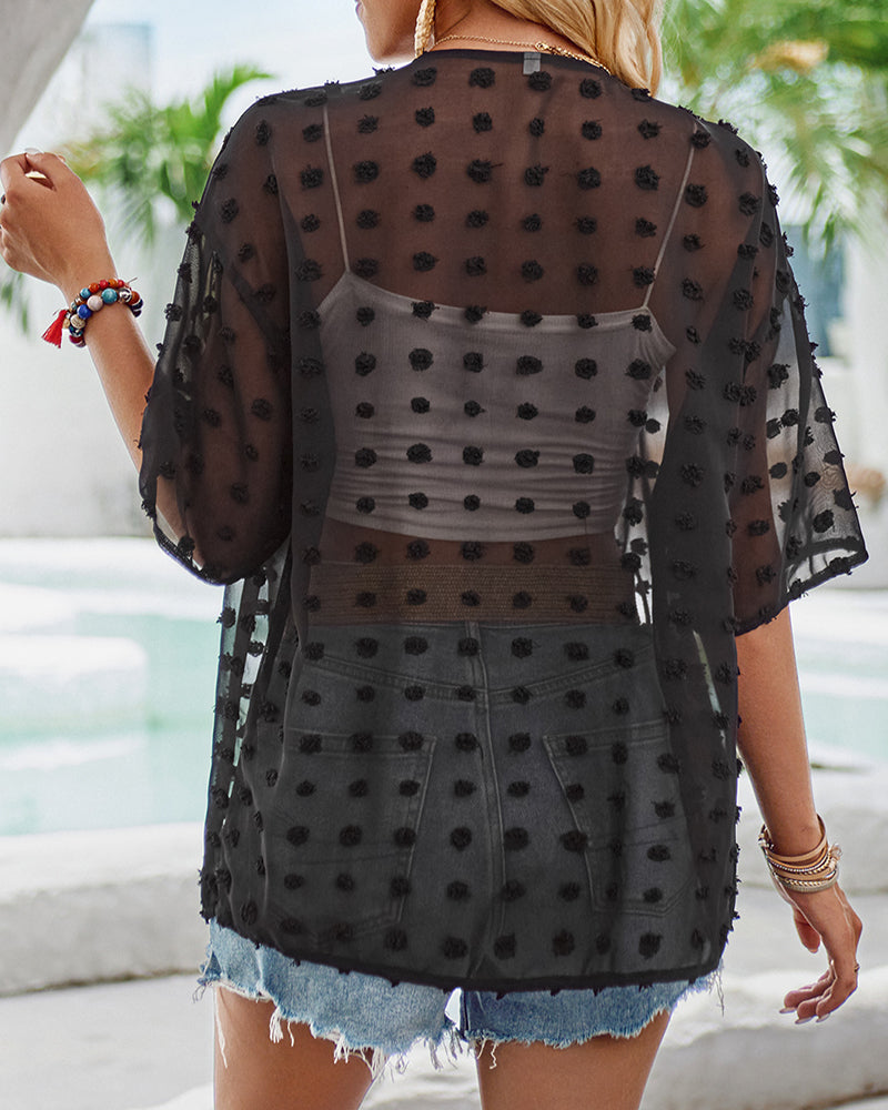 GR | Solid-color thin jacquard cardigan with short sleeves