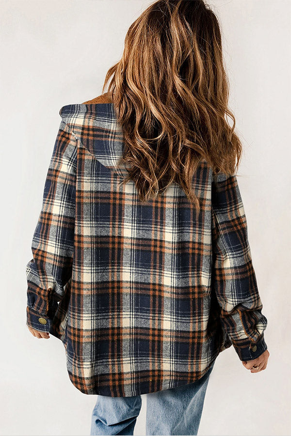GR | Snap Button Sherpa Fleece Lined Hooded Flannel Jacket