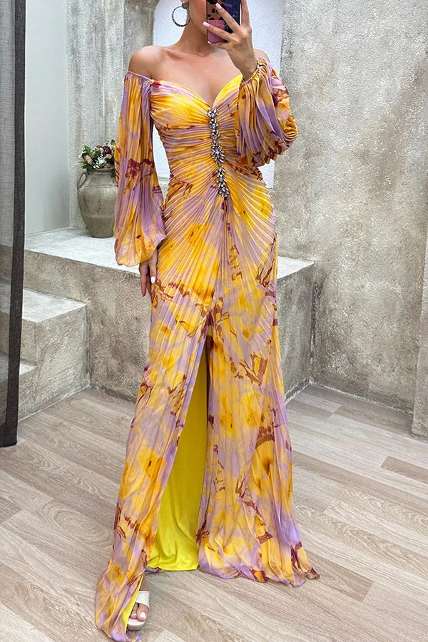GR | Sunset Serenade Printed Off-Shoulder Maxi Dress with Diamond Embellishments and Pleated Skirts with Slits
