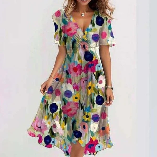 GR | Stilvolles Blumenkleid mit Kurzen Ärmeln