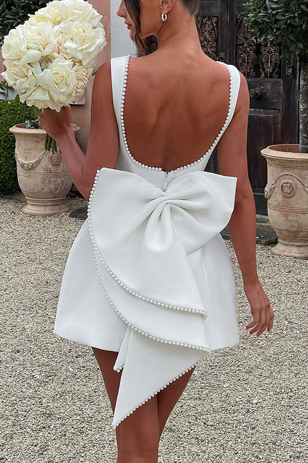 GR | Stylish Pearl-Embellished Large Bow Slim-Fit Mini Dress 